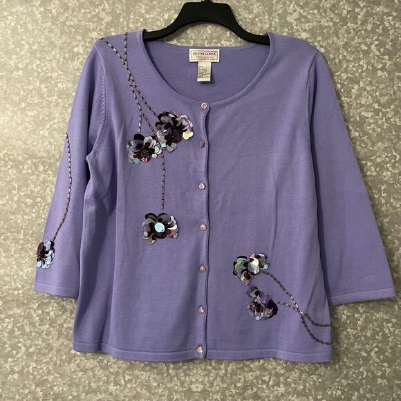 Victor Costa Occasion Purple Sequin Beaded Floral Cardigan Sweater - Size Medium - Picture 1 of 5